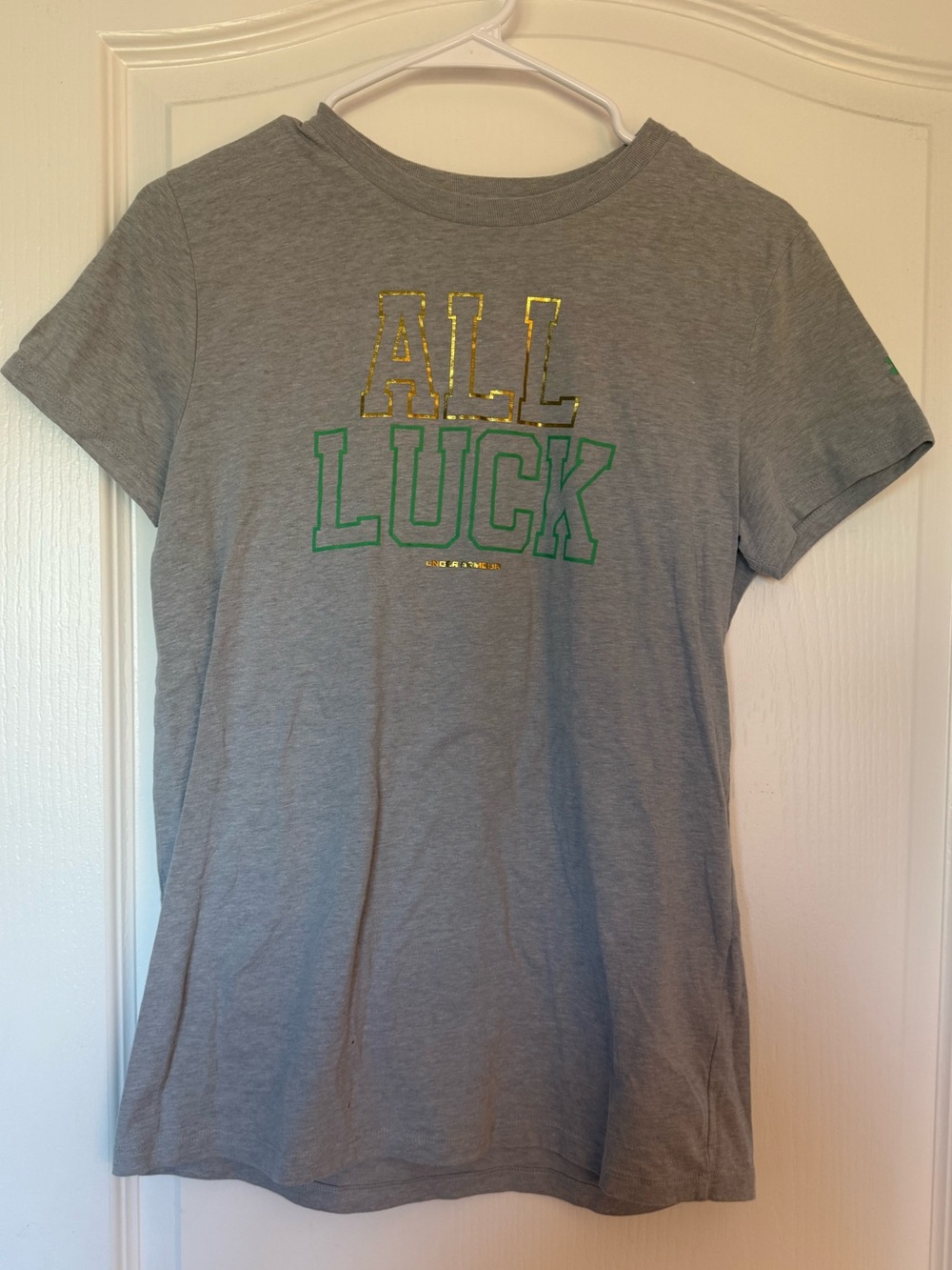 Under Armour Gray Short Sleeve Tee with Gold Glitter & Green Lettering